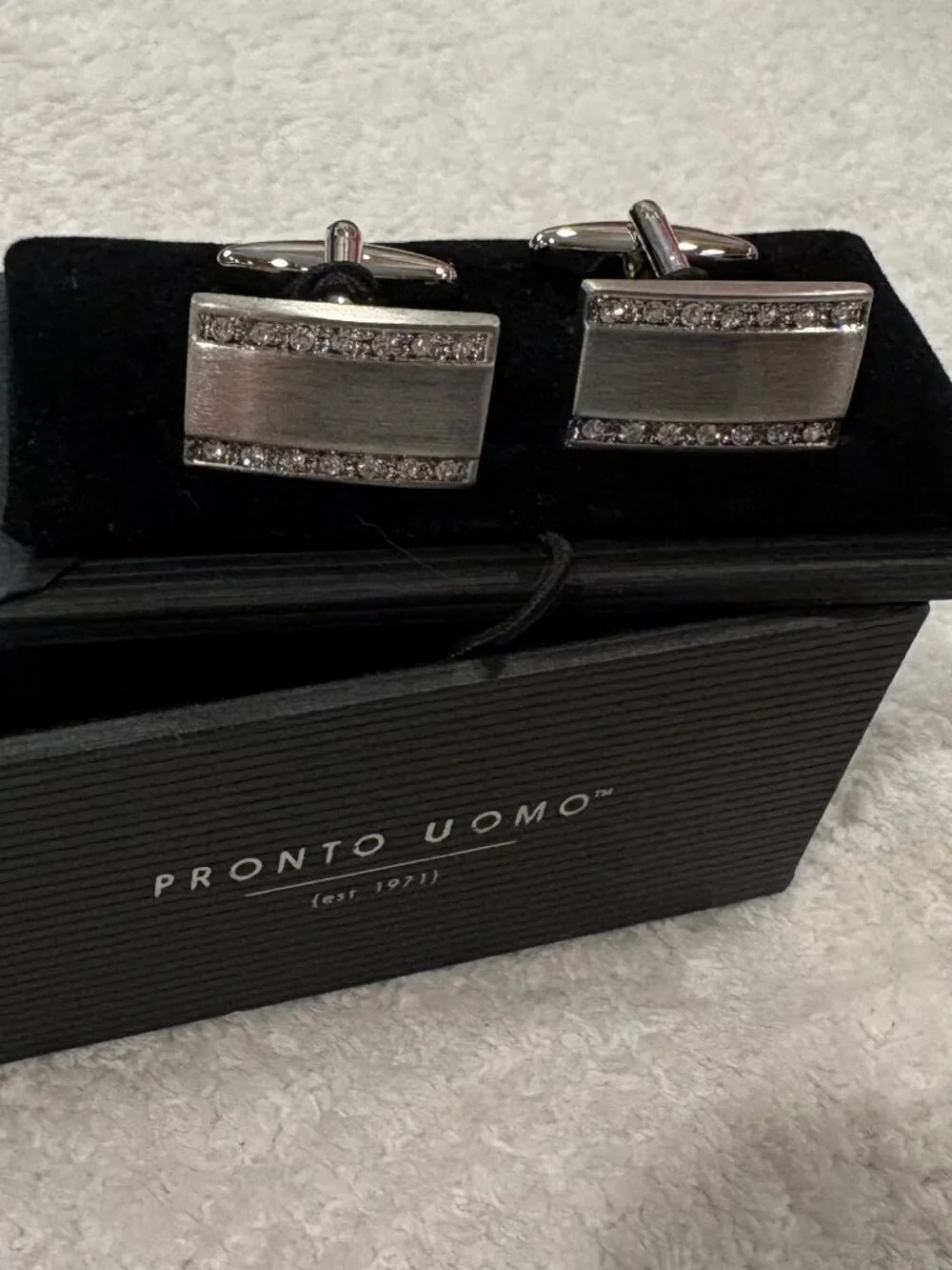 Pronto Uomo Silver Tone Rectangle Cufflinks with Clear Accent Stones